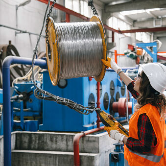 Female crane operator holding crane hook button working with safety workwear and moving a massive metal construction object in warehouse of factory. XXXL size